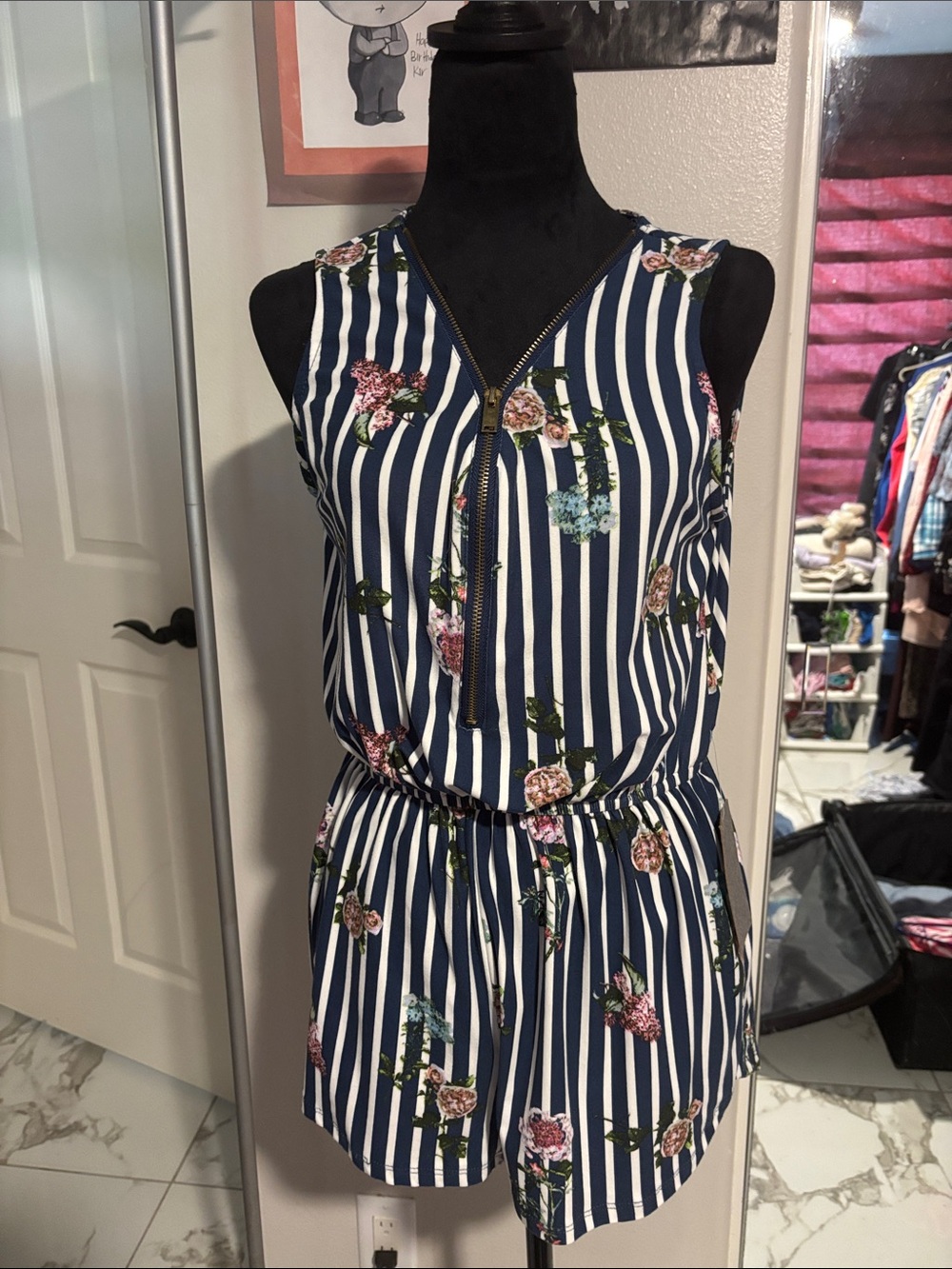 J for Justify Navy and White Striped Floral Romper